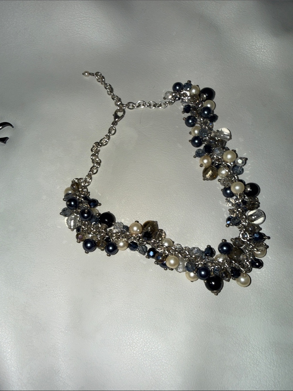 Cluster Bead Statement Necklace in Navy and Pearl -
